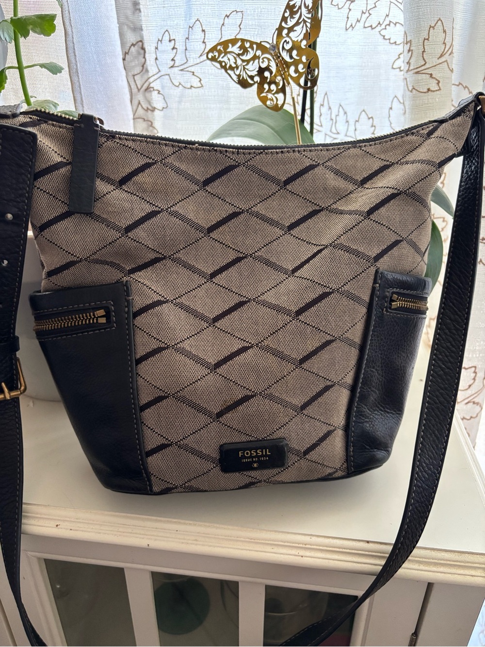 Fossil Beige and Black Crossbody Bag